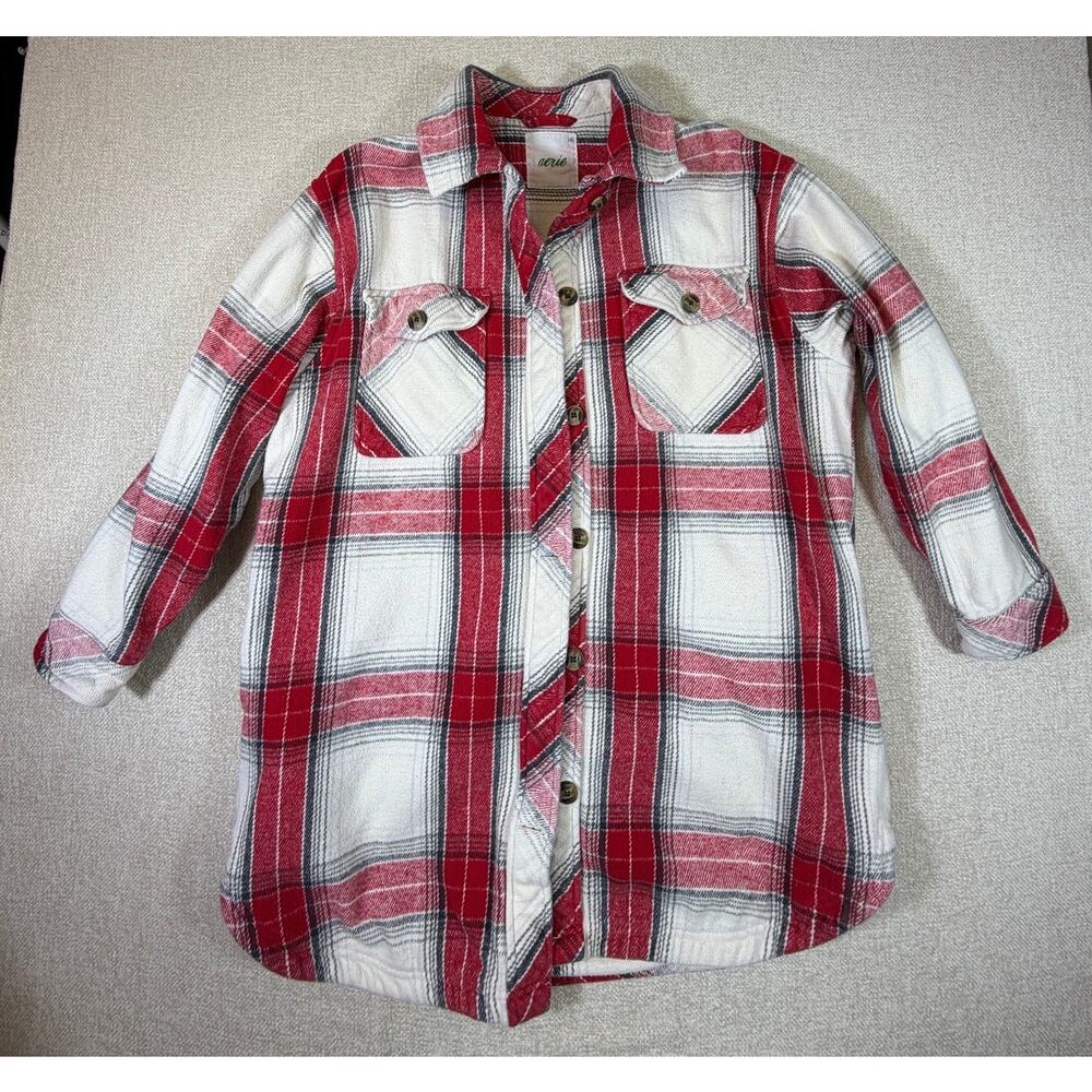 Aerie Womens Large Red White Heavyweight Long Sleeve Button Front Shacket Jacket